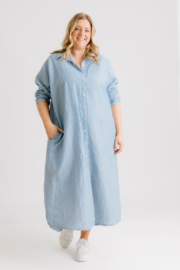 St Tropez Linen Shirt Dress - Indigo Stripe - Salt + Soda