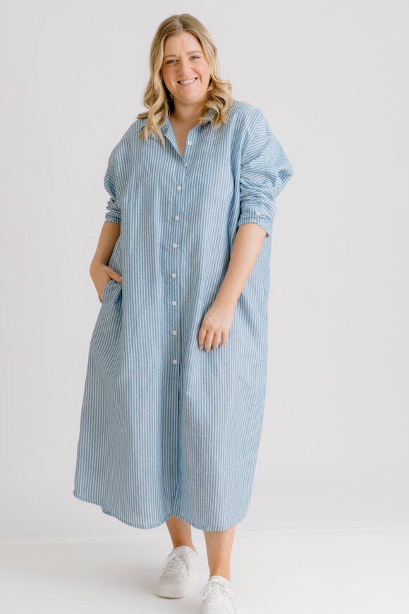 St Tropez Linen Shirt Dress - Indigo Stripe - Salt + Soda